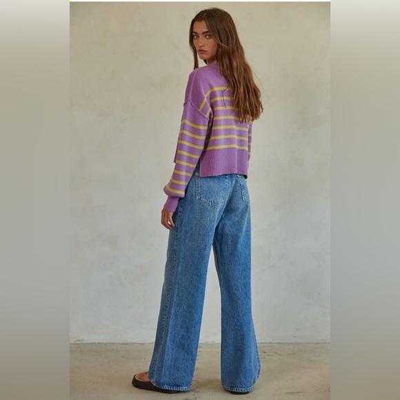 Free People Stripe Easy Street Cropped Pullover Lavender & Lime Sweater Size M 💜 - Picture 2 of 9